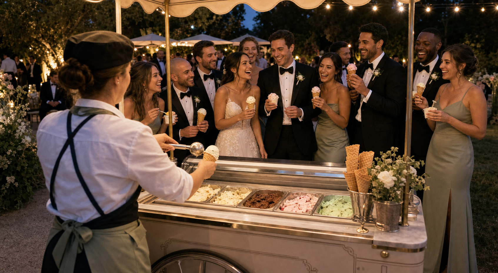 Bride and groom enjoying Vow to Scoop ice cream at an evening wedding